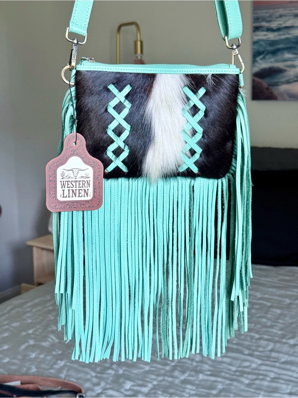 Turquoise Fringe Crossbody Haircalf Leather Festival Cowgirl Crossbody Bag - Picture 5 of 8